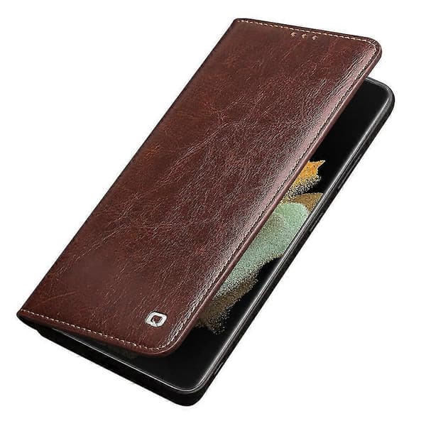 [RM]QIALINO Äkta Läder Telefonfodral för Samsung Galaxy S21 Ultra 5G Stativ Plånboksfodral Flipfodral Brown