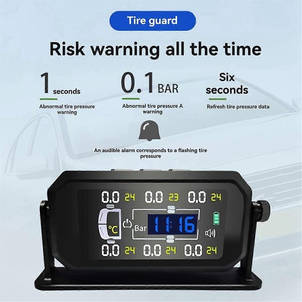 Bil Bobil Lastebil TPMS 6 Hjul Sensor Solcelle Dekktrykkovervåkingssystem Temperatur Klokke Lufttrykk