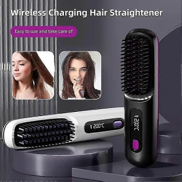 Cordless hot brush / straight brush - Electric ceramic brush with USB, LCD and ion function, rechargeable