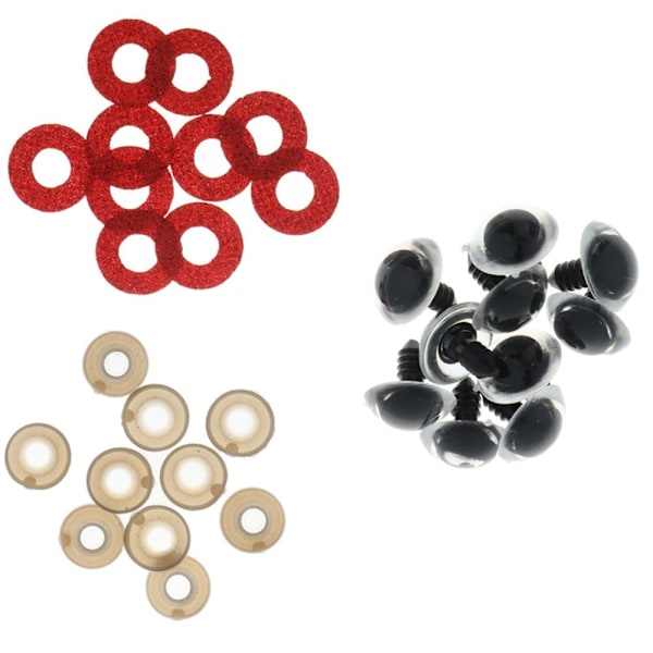10 st Plast Säkerhetsleksaksögon + Glitter Nonwovens + 16mm Röd Bricka