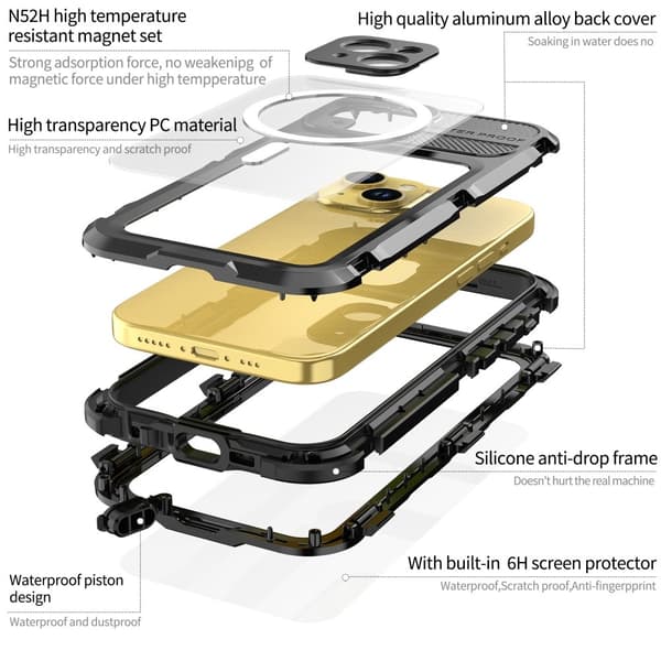 [RM]ShellBox iPhone 15 MagSafe IP68 Aluminium Vandtæt Cover Sort 144