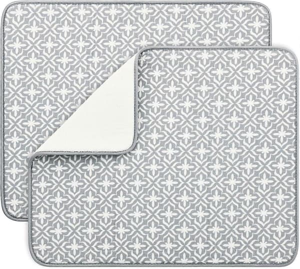 Oppvaskmatter til kjøkkenbenk, absorberende mikrofiber oppvaskstativ/ristputer til vask, 19,5 * 15,8 tommer, sett med 2, grå, blad, 2024 Ping