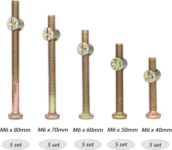 25-sett M6x40mm/ 50mm/ 60mm/ 70mm/ 80mm sekskantbolt med innvendig sekskanthode og hylsemuttere, sortimentssett