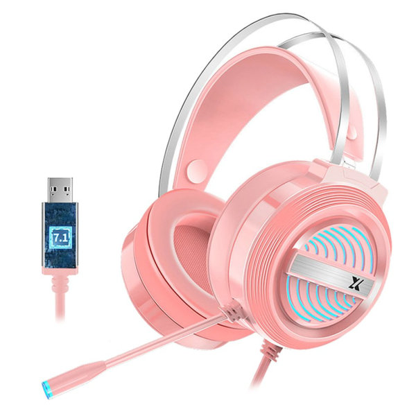 X9 7.1 Wired USB Gaming Headset Med Mic 7 LED För Laptop PS4 PC Rosa