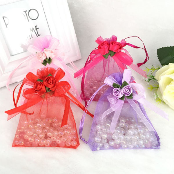 10 st Organza Tulpan Dragsko Presentpåsar Bröllopsgåva 10 x 12cm Rosröd