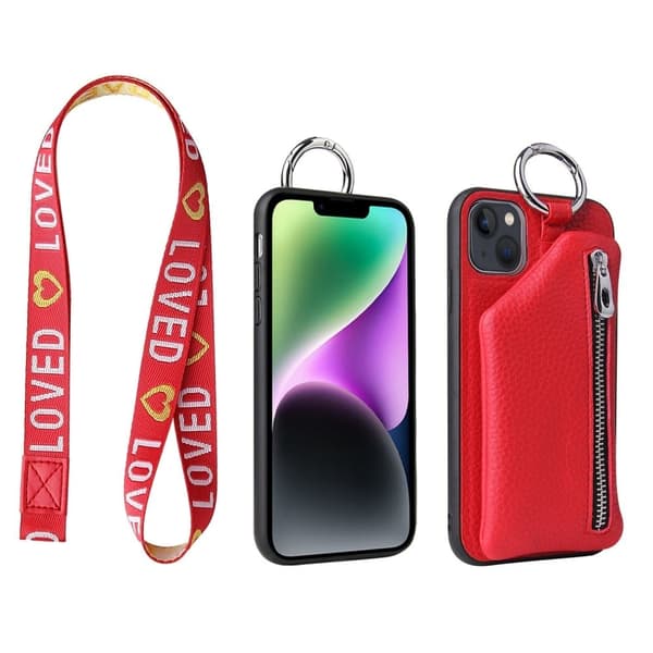 iPhone 14 Plus irrotettava nahkakotelo kaulanauhalla - Punainen Röd red