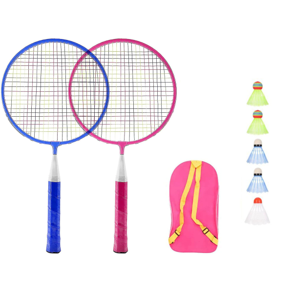 Barns Shuttlecock Set, 2 Förkortade Racketar 44cm, 5 Fjäderbollar