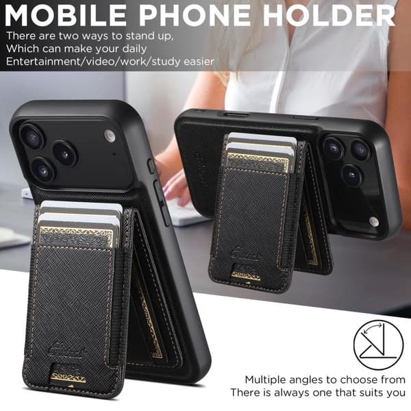 [RM]iPhone 17 Case - Cross Grain Leather with MagSafe and Detachable Wallet Svart