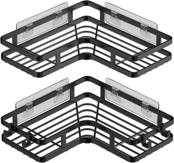 Corner Shower Caddy, Shower Corner Shelves with 4 Hooks, Self-Adhesive Shower Shelf No Drilling [2-Pack], Bathroom Storage Accessories