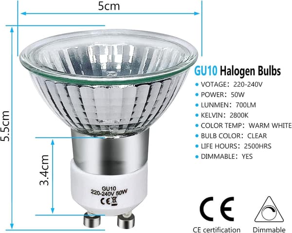 GU10 Halogen Bulb 50W Dimmable, 220V GU10 Halogen Bulb 2 Pin, 2800K Warm White Light, 700 Lumens - Perfet-WELLNGS[RM]