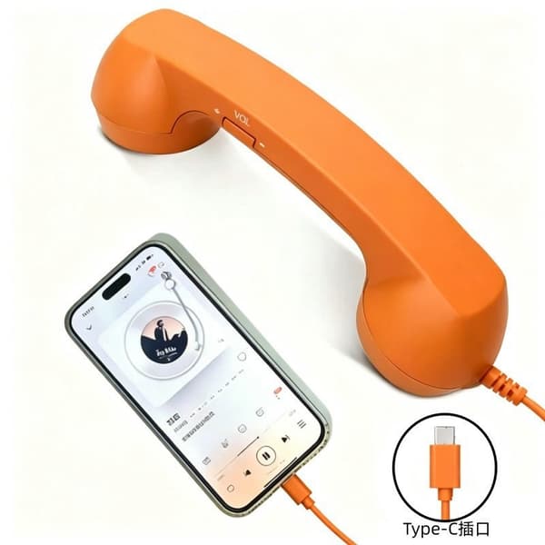 [RM]USB-C Retro Phone Handset for Mobile Phones - Plug & Play Receiver Radiation Safe Comfortable Calling for iPhone & Android [DB] Black orange