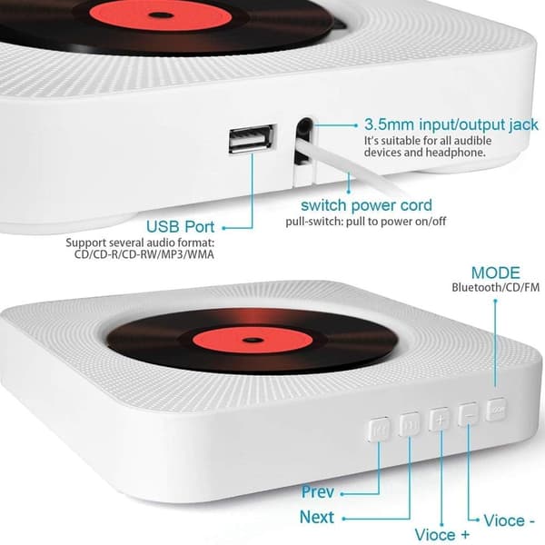 Multifunctional Wall Mounted Music CD Player Built-in HiFi Speakers Home Audio Speaker with Remote Control (White)