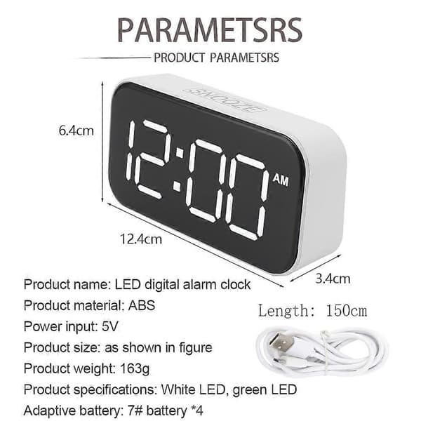 LED digital väckarklocka, 12/24 timmars justerbar ljusstyrka, vitt skal, grön text, USB, för sovrum och kontor