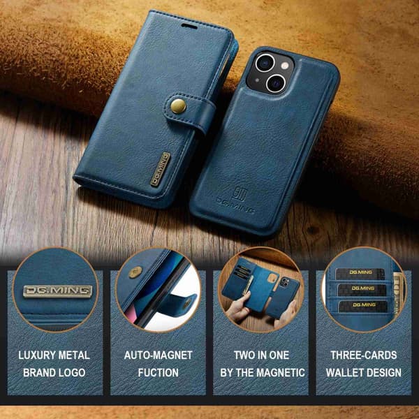 DG.MING 2-in-1 magneettilompakko iPhone 15 sininen[RM]