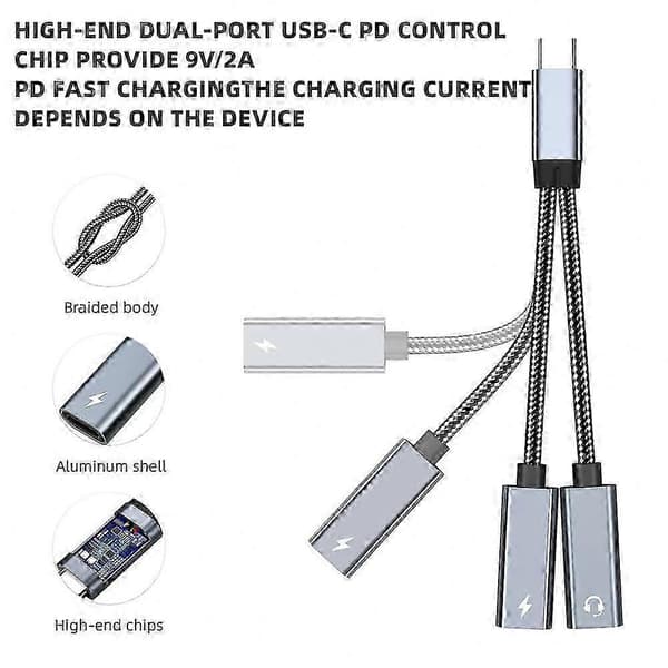 Dobbelt USB C-adapter til hovedtelefoner og opladning, 32-bit lydunderstøttelse, 60W hurtig strømforsyning til kompatible smartphones Grey