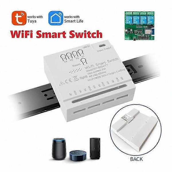 4CH Tuya WiFi Smart Switch Modul, DIY Timer, 85-265V, Virker med Alexa Google Home IFTTT Smart Life White