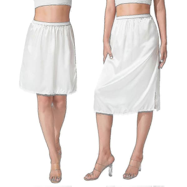Dame Halvunderkjole med Elastik i Taljen - Satin Underkjole med Ensfarvet og Blondekant, Perfekt til Underkjoler white short M