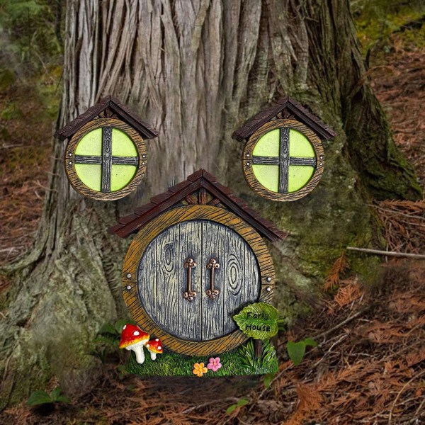 Gnome Fairy Miniatyrhus fönster och dörr för träddekoration, glöd i mörka Sleeping Fairies Dörr och fönster
