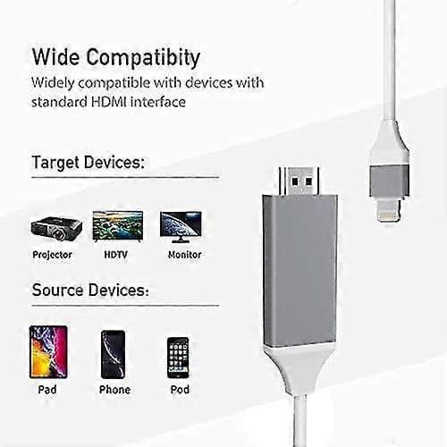 2024 Sopiva Lightning–HDMI-sovitin, 2K Lightning–HDMI digitaalinen AV-sovitin, iPhone–HDMI-sovitin