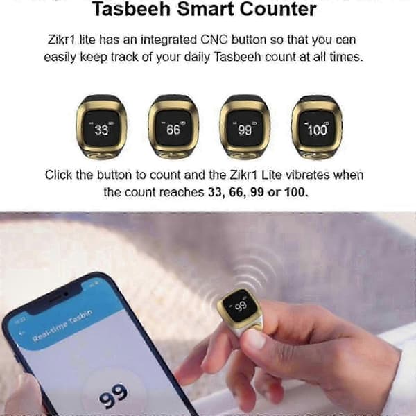 Bluetooth-kompatible 22 mm digitale Tasbih Telle-ringer, ideelt tilbehør for muslimer for å overvåke bønnetider Black