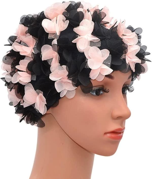 Pxcl Kvinders Blonde Badehætte - Retro, Vintage Stil - Blomsterblade Pink