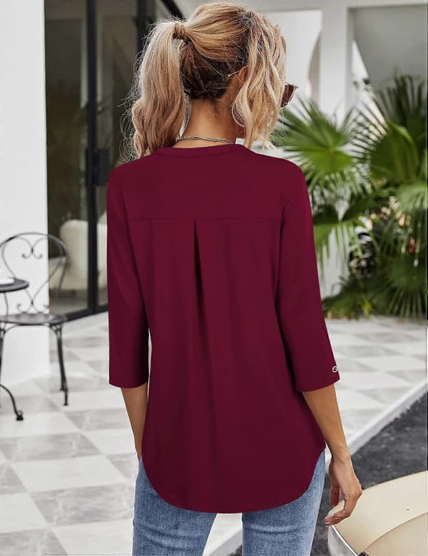 Damebluse 3/4 ærmer elegant V-hals tunika skjorte top
