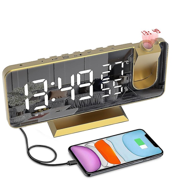Projektionsväckarklocka för sovrumstak, digital väckarklockradio med USB-laddningsportar, LED-skärmväckarklocka, 4 dimmernivåer, dubbel väckarklocka med 2 Tyrant Gold