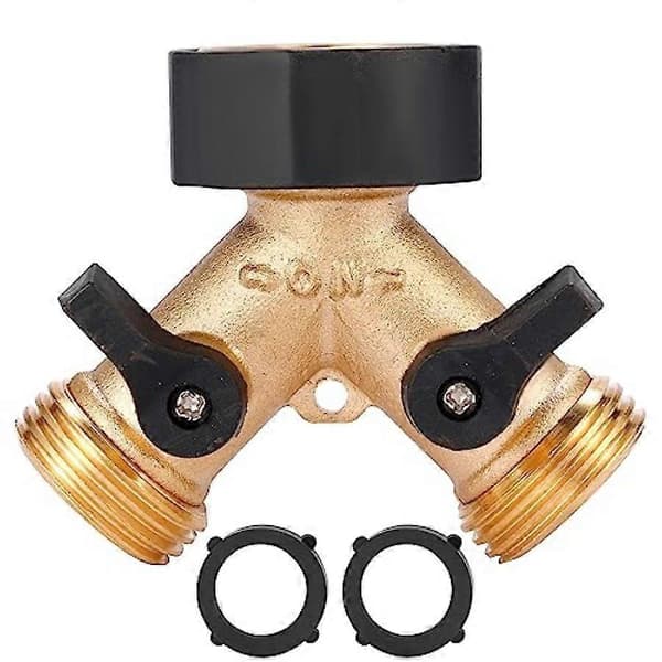 Haveslangesplitter 2-vejs kraftig, Y-forbindelse messing haveslangeadapter, slangehane-splitter med 2 ekstra gummiskiver EU Plug