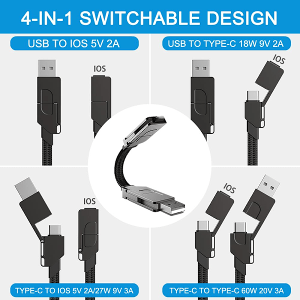 Bärbar 60W Multi-Laddningskabel, 4-i-1 USB Multi-Laddningskabel för Snabbladdning, USB A/C till USB C/IP-kontakt