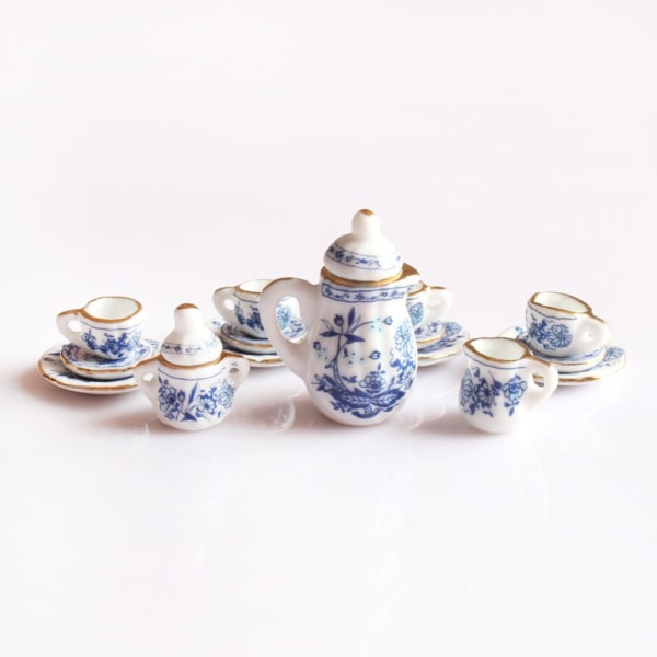 15 bitar Dollhouse Porslin Tea Ware Miniatyr Dining Set i blå blomma