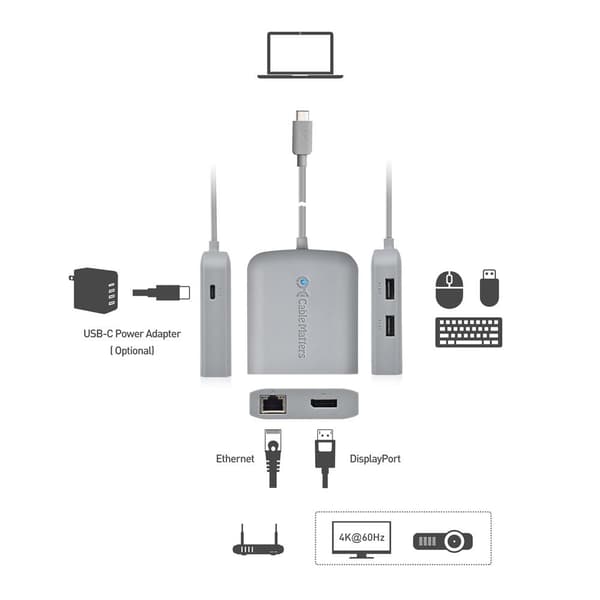 Cable Matters 1 til 5 Dockingstasjon 1xDP 4K60Hz, 1xRJ45 Ethernet 2xUSB-A 1xUSB-C PD 60W Works with Chromebook Certified grå gray