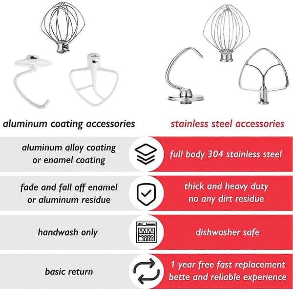 Tilbehør i rustfrit stål til KitchenAid 4,5-5 Qt røremaskine med vippehoved, inkluderer 6-tråds piskeris, fladpisker, dejkrog
