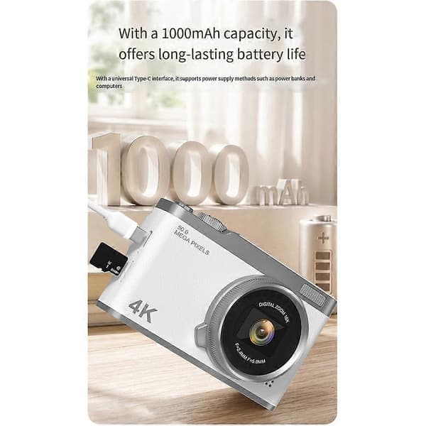 Digitalkamera 4K HD Børnekamera 48MP Autofokus Vlogging Kamera 2,4 Tommer Retro Mode Bærbart Videokamera B White