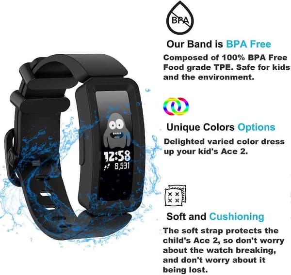 Kompatibelt med Fitbit Ace 2-armband för barn 6+, mjukt silikonarmband Black Fitbit Ace 2