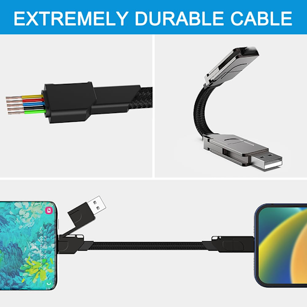 Bärbar 60W Multi-Laddningskabel, 4-i-1 USB Multi-Laddningskabel för Snabbladdning, USB A/C till USB C/IP-kontakt