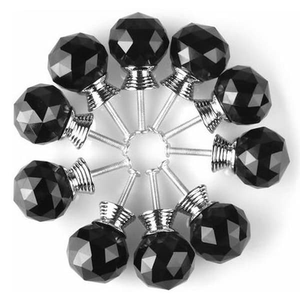 Sæt med 10 dørknopper, 30 mm diameter, sort krystal, runde glasskabsknopper, dekorative knopper