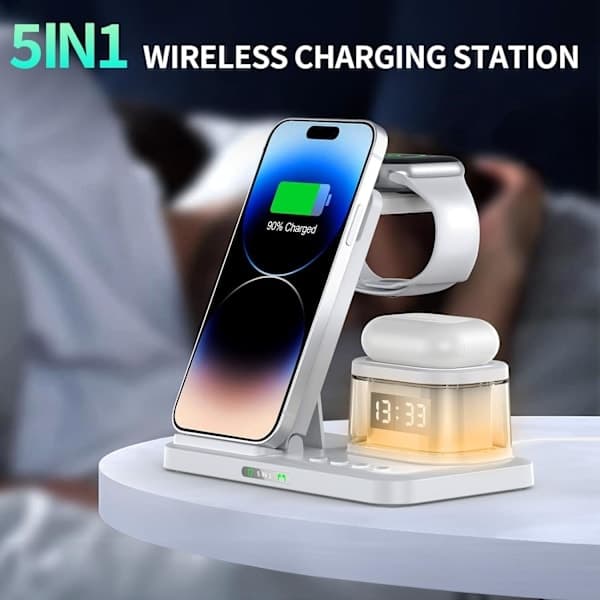 iPhone trådløs lader 5-i-1 LED, Apple ladestasjon for reise og hjemmebruk, multifunksjonelt ladestativ White 5in 1