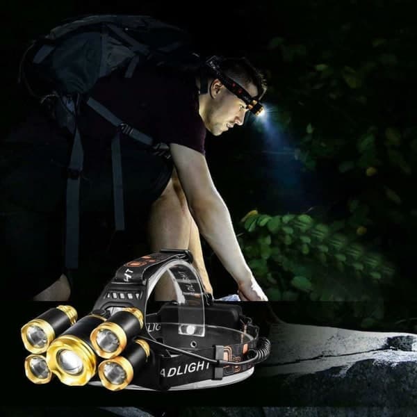 Kraftig pandelampe 5x T6 LED med batterier + 12V oplader + bil Sort