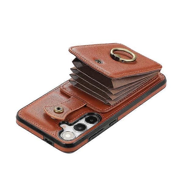 Kompatibelt deksel til Samsung Galaxy A56 5G med kortholder, ringstativ, TPU + PU-lær og lang stropp Brown