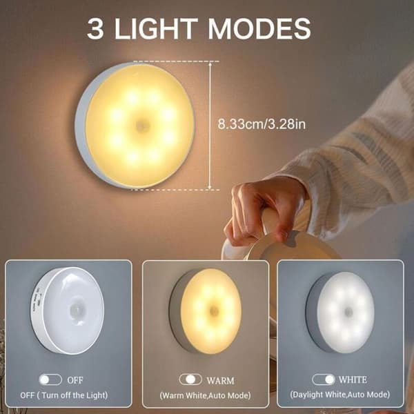 LED-bevegelsessensorlampe - PZCC - 3-pakning - Trådløs nattlampe - USB-oppladbar - Tofarget induksjon