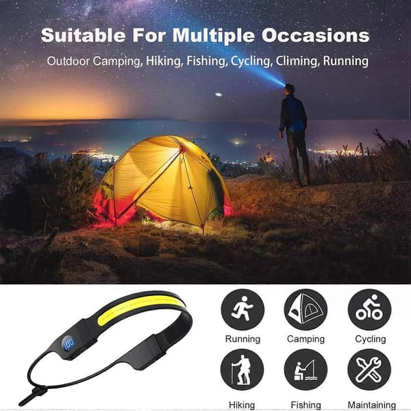 2X LED COB Hodelykt USB Oppladbar Hodelykt Digital Strømvisning Hodelykt for Camping Turgåing Fiske Vandring Black
