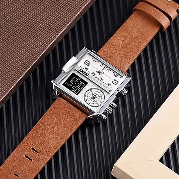 Digital watch för män , Led fyrkantig stor ansikte analog kvarts watch med vattentät stoppur i flera tidszoner Leather Band Silver Brown