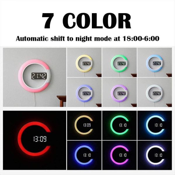 LED Väggklocka, Kreativ Fjärrkontroll, Digital Klocka, Ihålig Spegel, Temperatur Alarm, 7 Färger Ändras, Nattlampa För Hemmakontor
