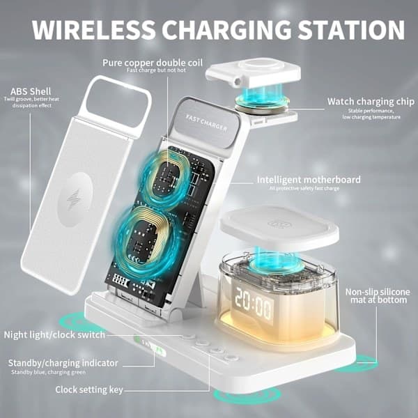 iPhone trådløs oplader 5 i 1 LED, Apple ladestation til rejser og hjemmebrug, multifunktionel ladestander White 5in 1