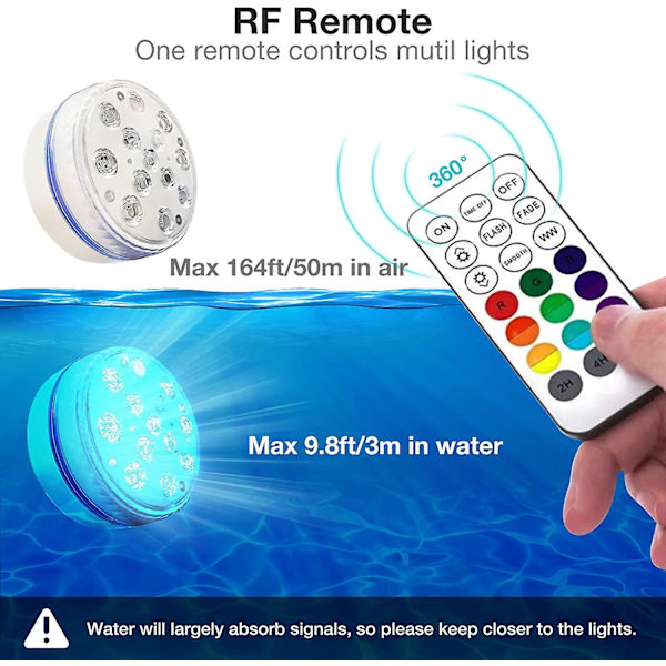 Sänkbara LED-lampor med magnet, IP68 vattentäta undervattenspool LED-lampor med 13 lysdioder, 4 sugkoppar och 50 m RF-fjärrkontroll, batteridriven