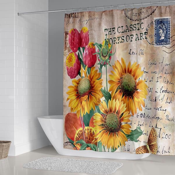 Solsikke dusjforheng 150*180cmStempler, Vanntett polyester dusjforheng med 12 kroker til juledekorasjon, baderom