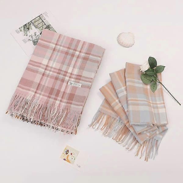 Luxora Koreansk Mode Kvinder Efterår Vinter Tynd Plaid Tørklæde Kvast Imiteret Kashmir Sjal Rosa ONE SIZE