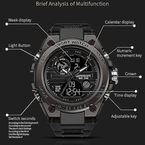 Sanda 739 kronograf kalender alarm natlys ur sort