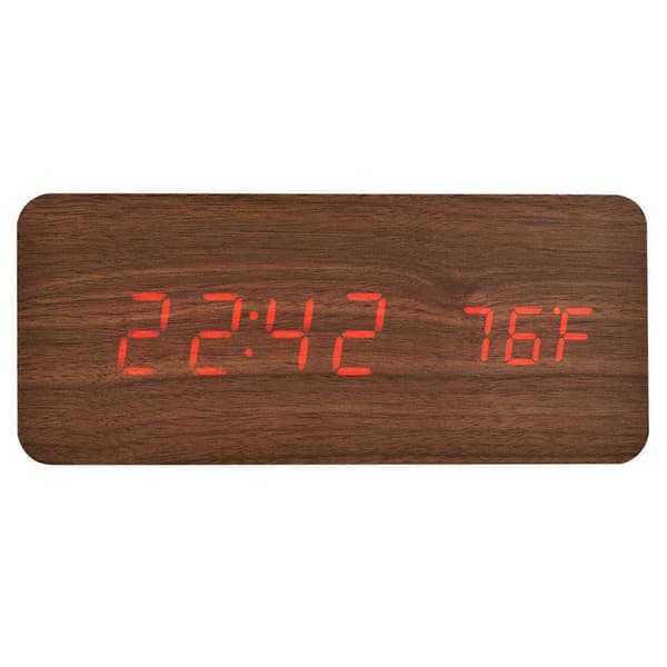 [RM]LED Mirror Clock Bluetooth Speaker 3-Group Alarm with Wireless Charging - Brown Wood Red Light