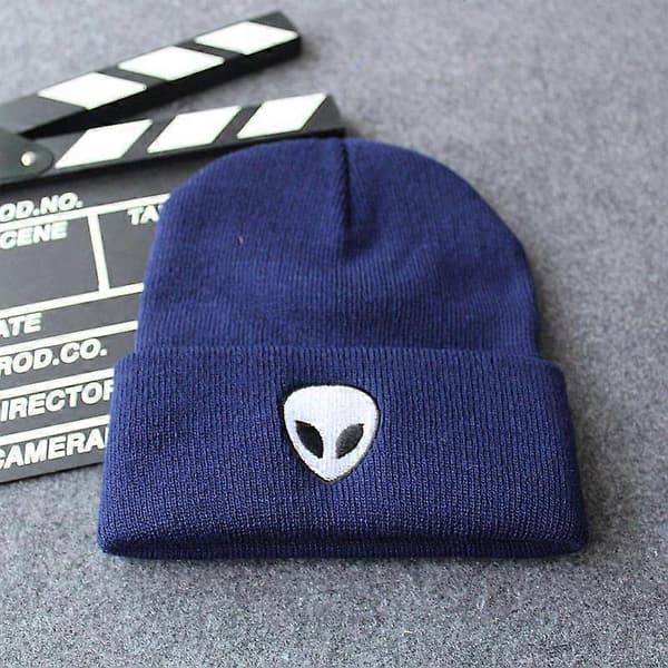 Ny Alien Skull Broderad Stickad Ullmössa för Män och Kvinnor, Höst/Vinter Uppvikt Kant Varm Mössa Navy Blue